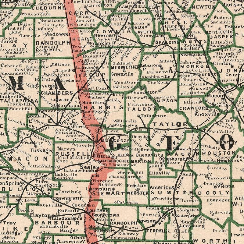 Alabama, Georgia, South Carolina and Northern Florida 1883 Map - Muir Way - Vintage Map