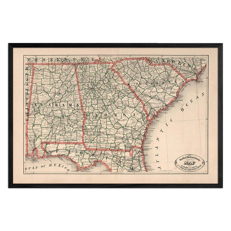 Alabama, Georgia, South Carolina and Northern Florida 1883 Map - Muir Way - Vintage Map