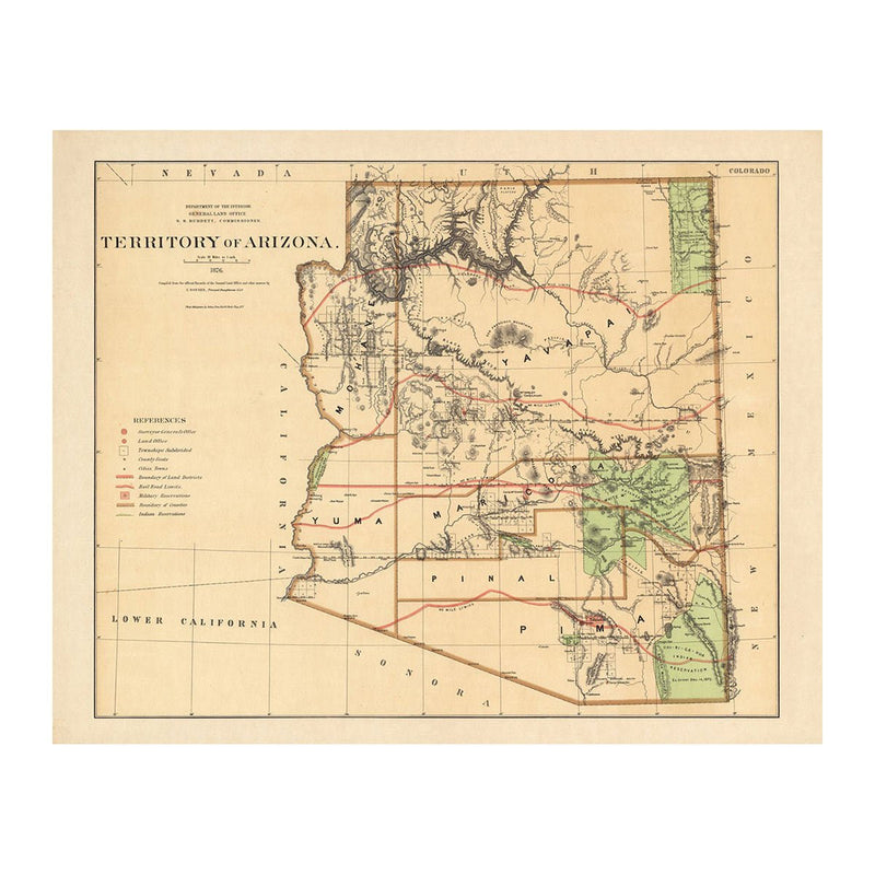 Arizona Territory 1876 Map - Muir Way - Vintage Map
