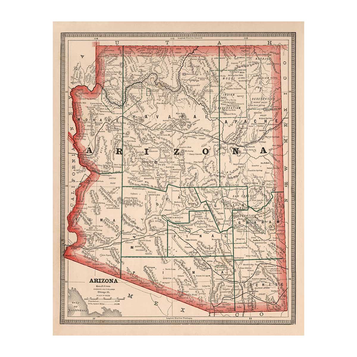 Arizona 1883 Map Print | Vintage Landscape Map – Muir Way