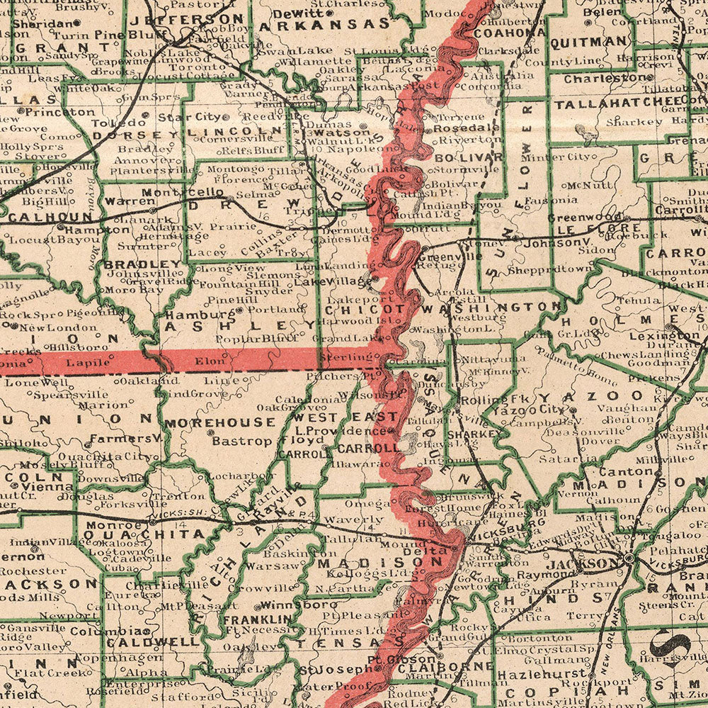 1860 County Map of Louisiana, Mississippi and Arkansas