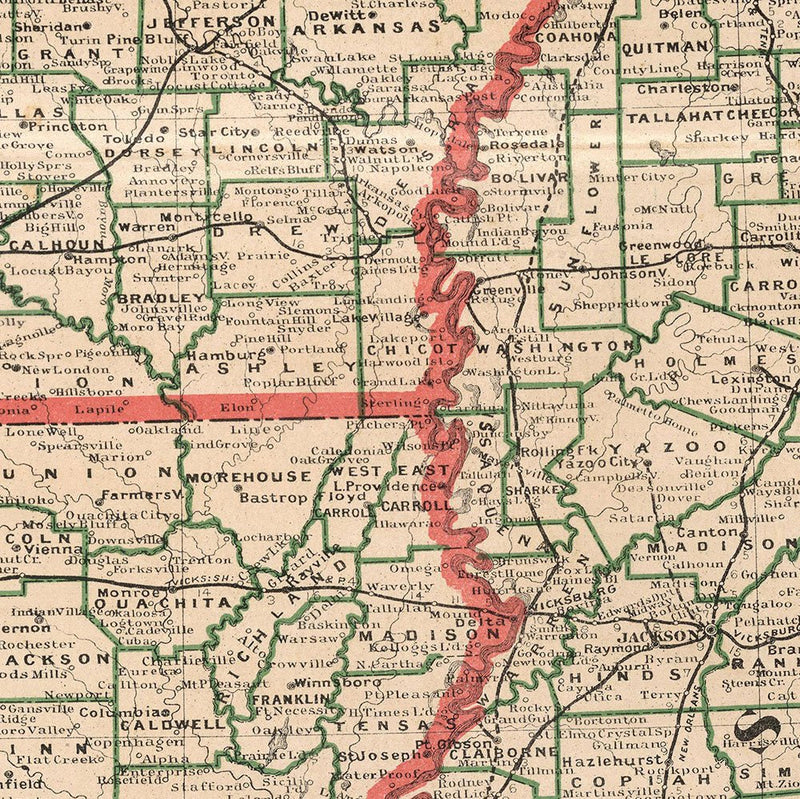 Arkansas, Louisiana and Mississippi 1883 Map - Muir Way - Vintage Map