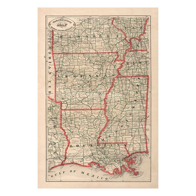Arkansas, Louisiana and Mississippi 1883 Map - Muir Way - Vintage Map