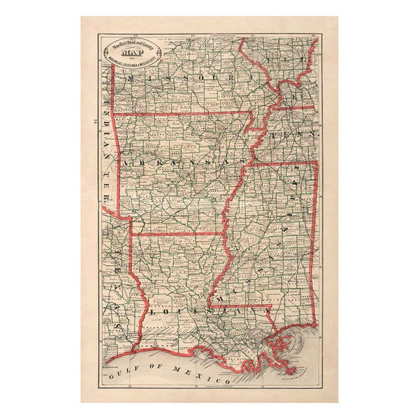 1881 County Map of the States of Arkansas, Mississippi and Louisiana - -  Historic Accents