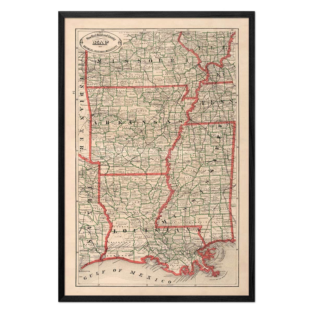 Arkansas, Louisiana and Mississippi 1883 Map 16x24 Inch / Fine Art Paper /  Black