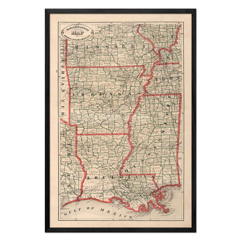 Arkansas, Louisiana and Mississippi 1883 Map - Muir Way - Vintage Map