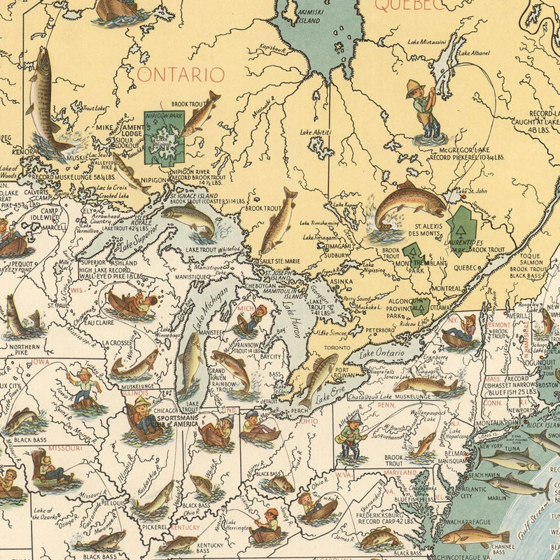 Big Game Fish Map - 1936 - Muir Way - Vintage Map