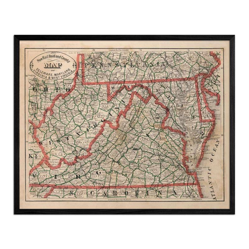 Delaware, Maryland, Virginia and West Virginia 1883 Map - Muir Way - Vintage Map