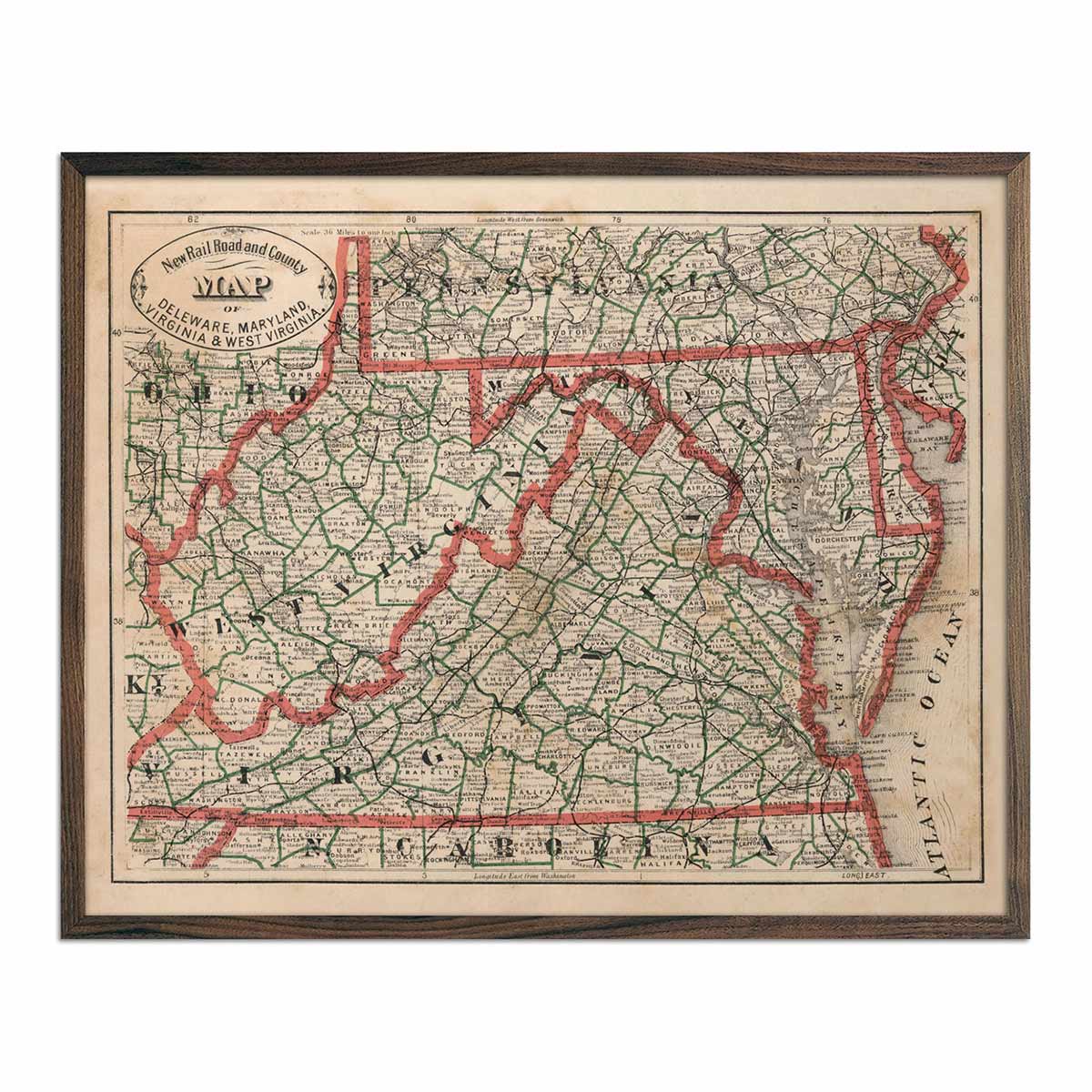 Vintage Map of Delaware, Maryland, Virginia and West Virginia 1883