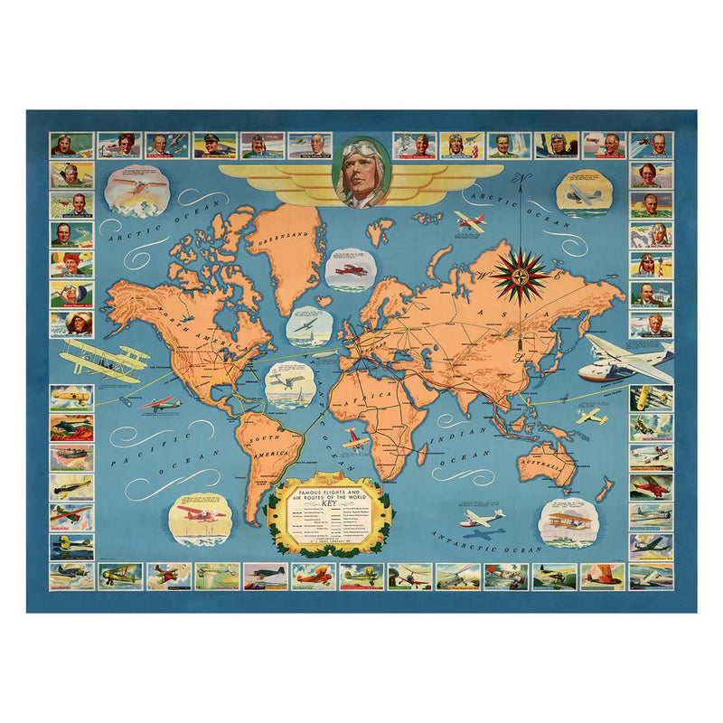 Famous Flights and Air Routes of the World - Muir Way - Vintage Map