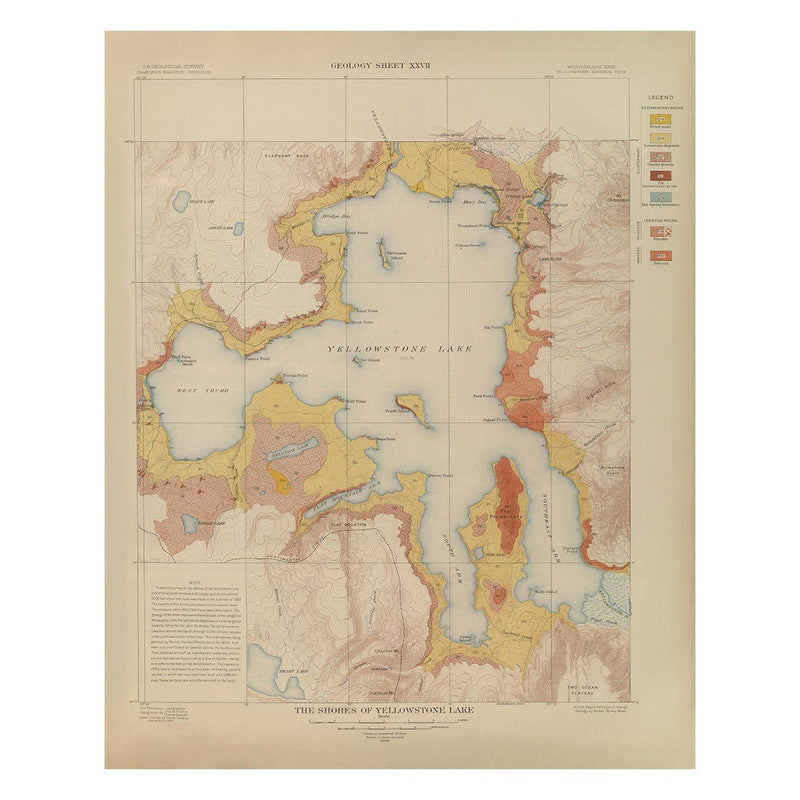 Yellowstone Geologic Map of the Shores of Yellowstone Lake 1904 Map - Muir Way - Vintage Map