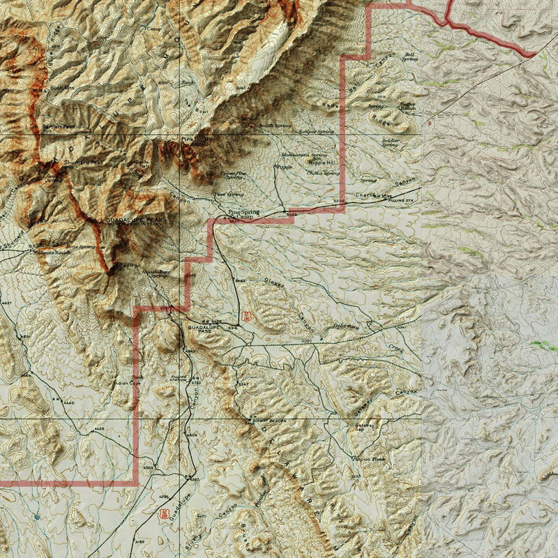 Guadalupe Mountains Shaded Relief Map - Muir Way - Relief Series