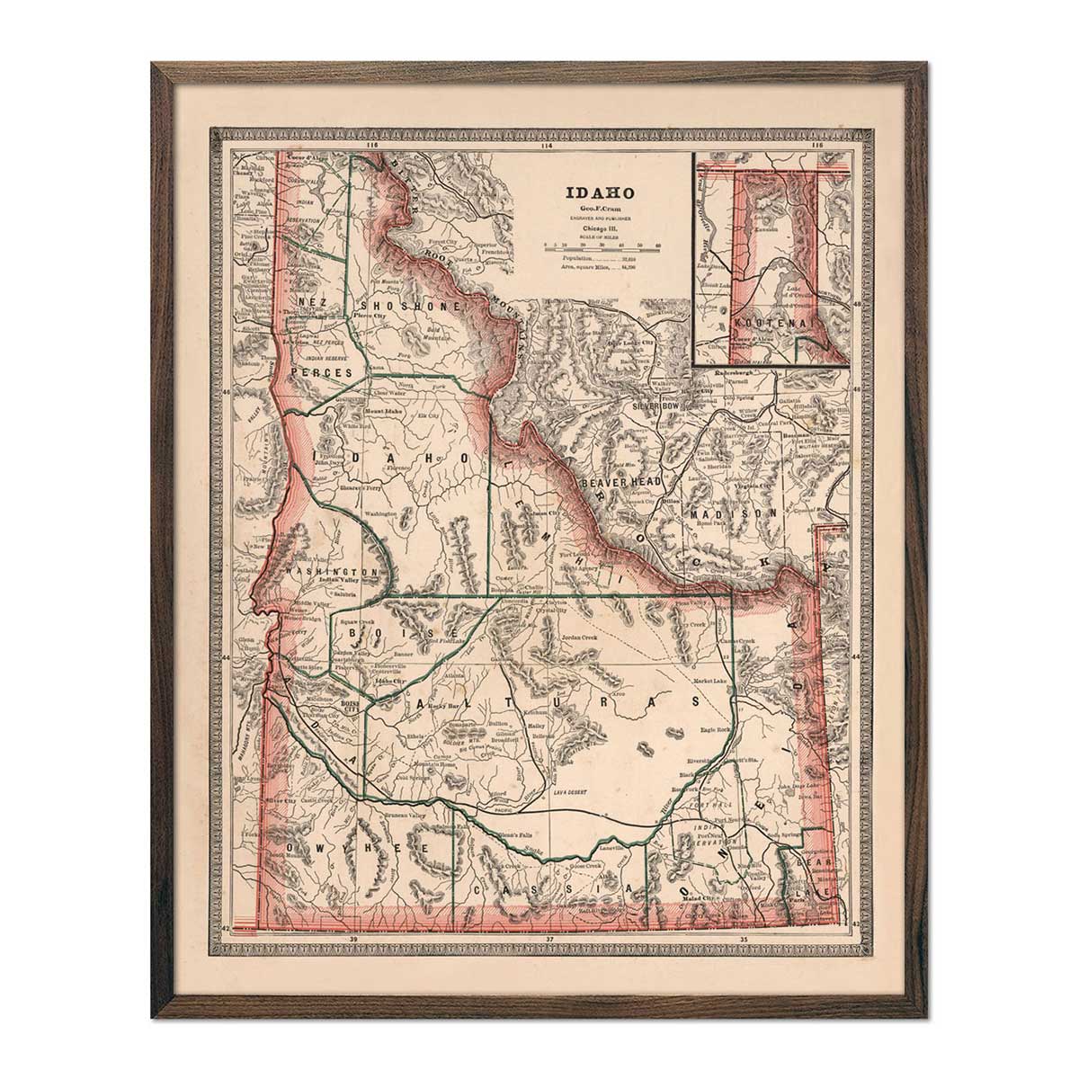 Idaho Relief Map Prints Hydrological Elevation Maps Muir Way   Idaho 1883 Map Walnut 1800x 