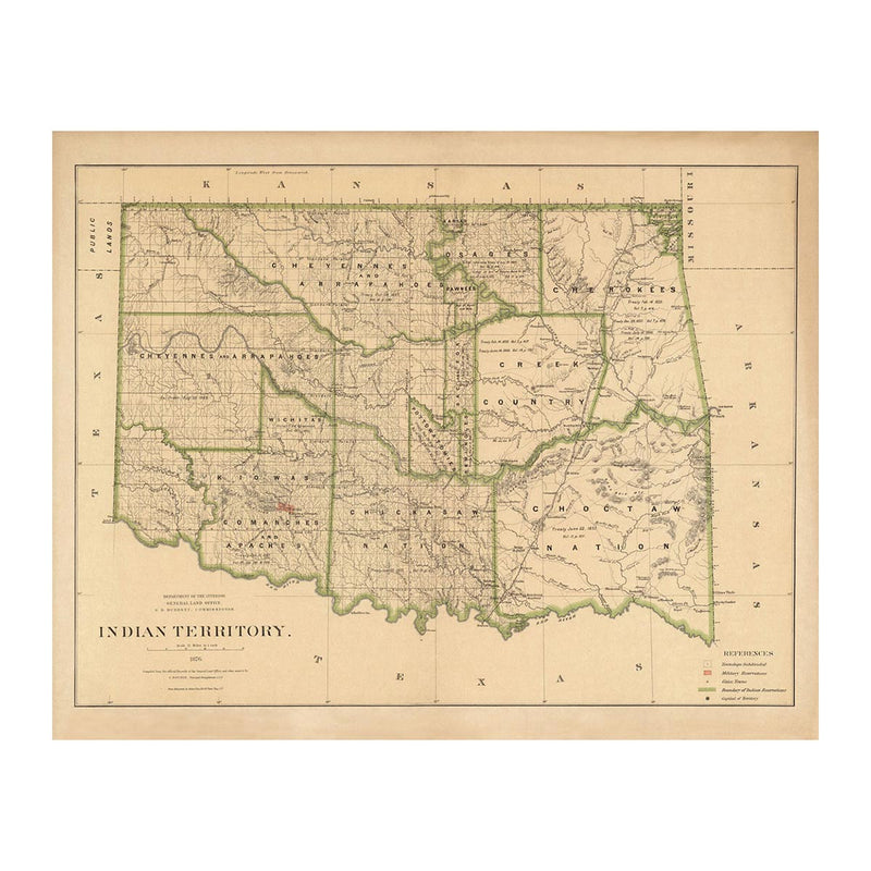 Indian Territory (Oklahoma) 1876 Map - Muir Way - Vintage Map