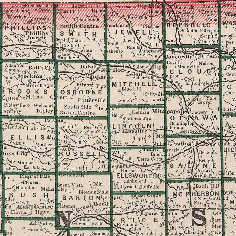 Kansas 1883 Map - Muir Way - Vintage Map