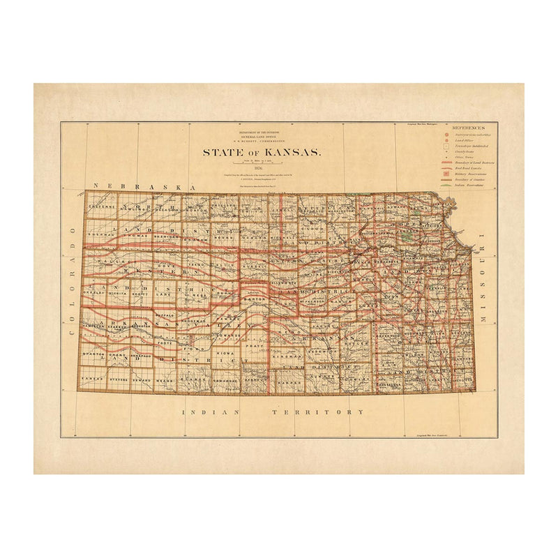 Kansas State 1876 Map - Muir Way - Vintage Map