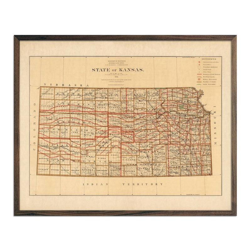 Kansas State 1876 Map - Muir Way - Vintage Map