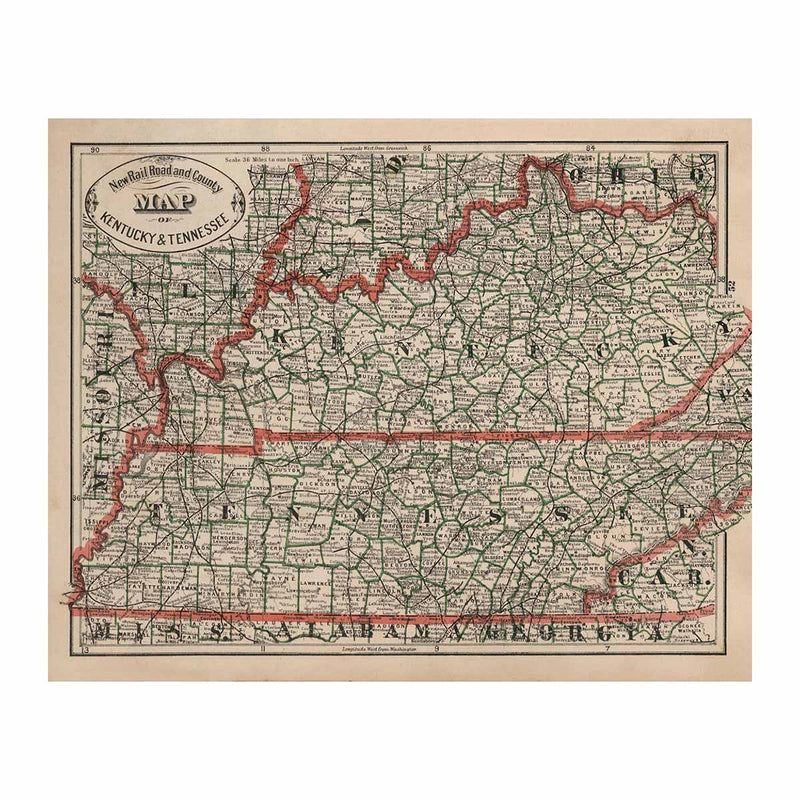 Kentucky and Tennessee 1883 Map - Muir Way - Vintage Map