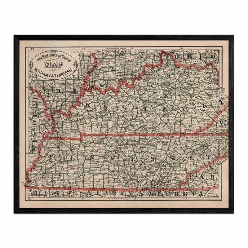 Vintage Map of Kentucky and Tennessee 1883