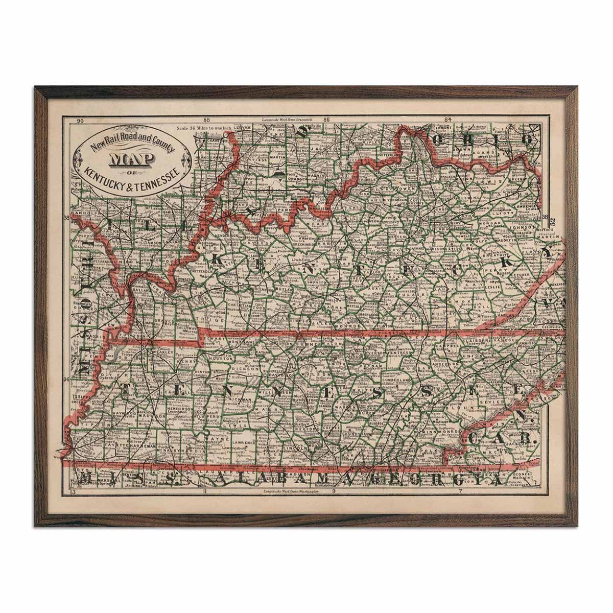 Vintage Map of Kentucky and Tennessee 1883