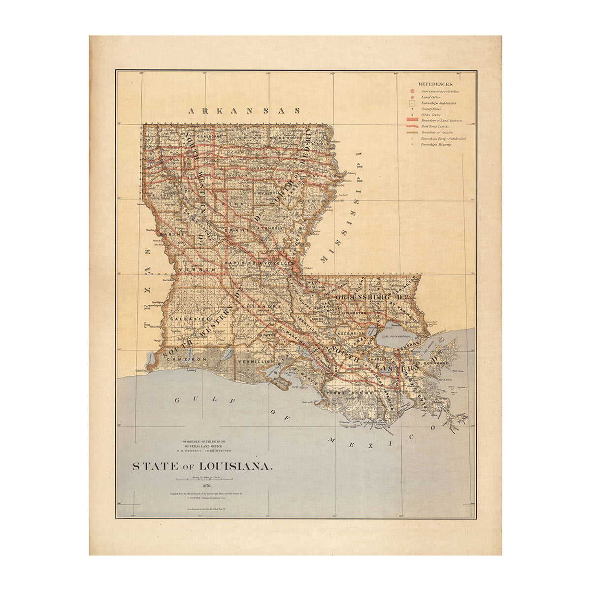 Louisiana State Map from 1876 - Muir Way