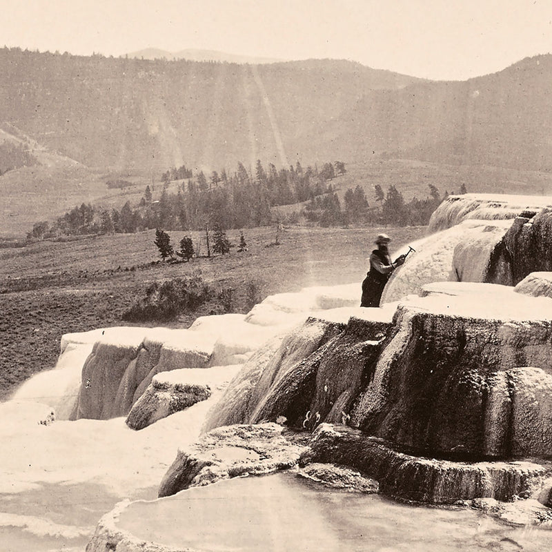 Mammoth Hot Springs on Gardiner's River with Man, Yellowstone 1873 - Muir Way - Photograph