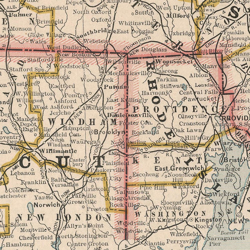 Massachusetts, Rhode Island and Connecticut 1883 Map - Muir Way - Vintage Map