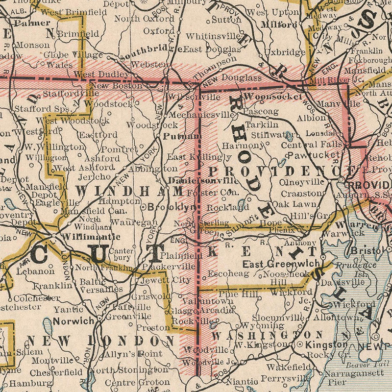 Massachusetts, Rhode Island and Connecticut 1883 Map - Muir Way