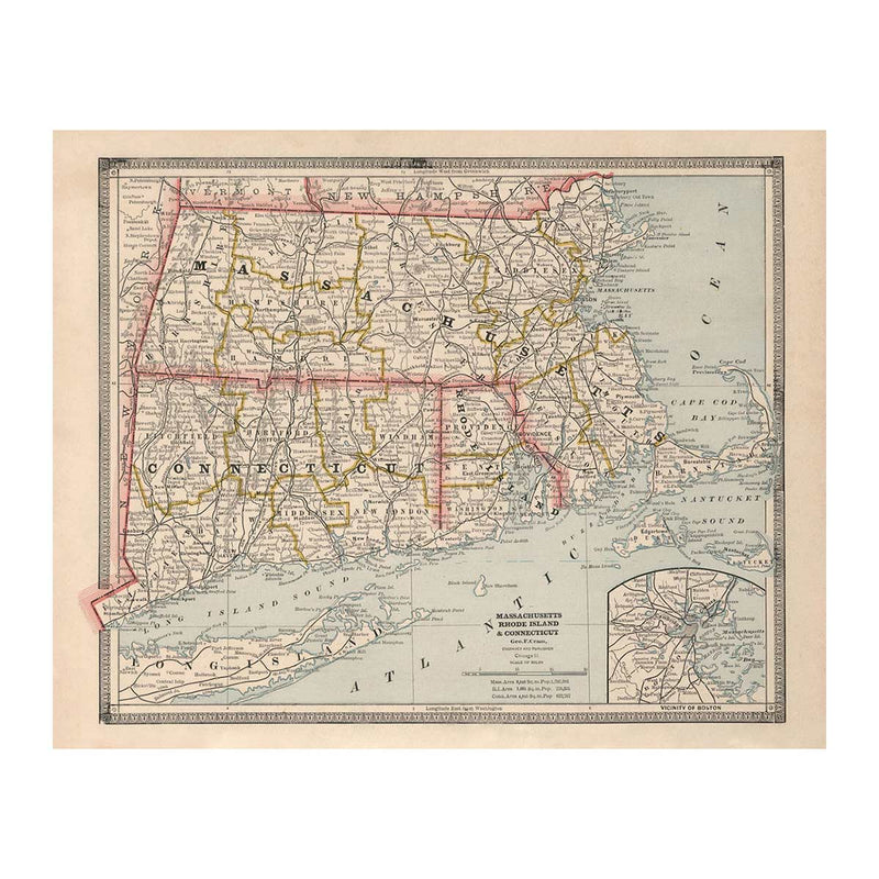 Massachusetts, Rhode Island and Connecticut 1883 Map - Muir Way - Vintage Map