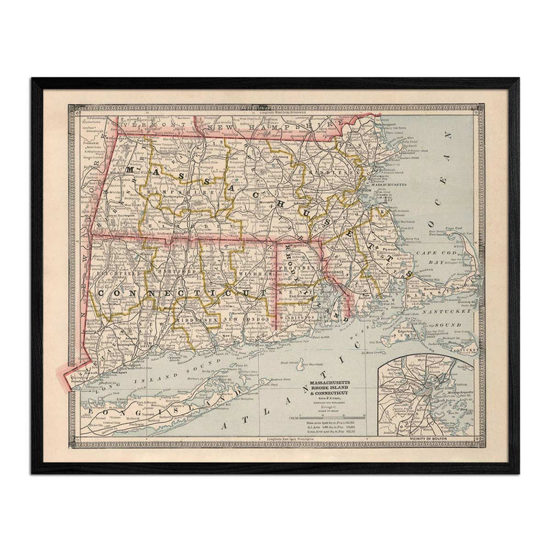 Massachusetts, Rhode Island and Connecticut 1883 Map - Muir Way - Vintage Map
