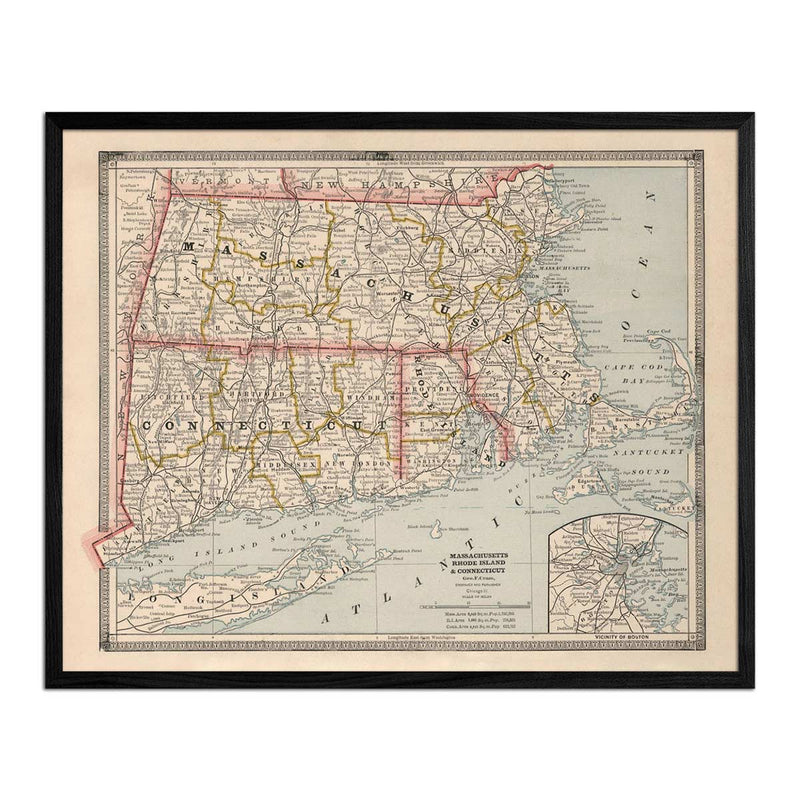 Vintage Map of Massachusetts, Rhode Island and Connecticut 1883