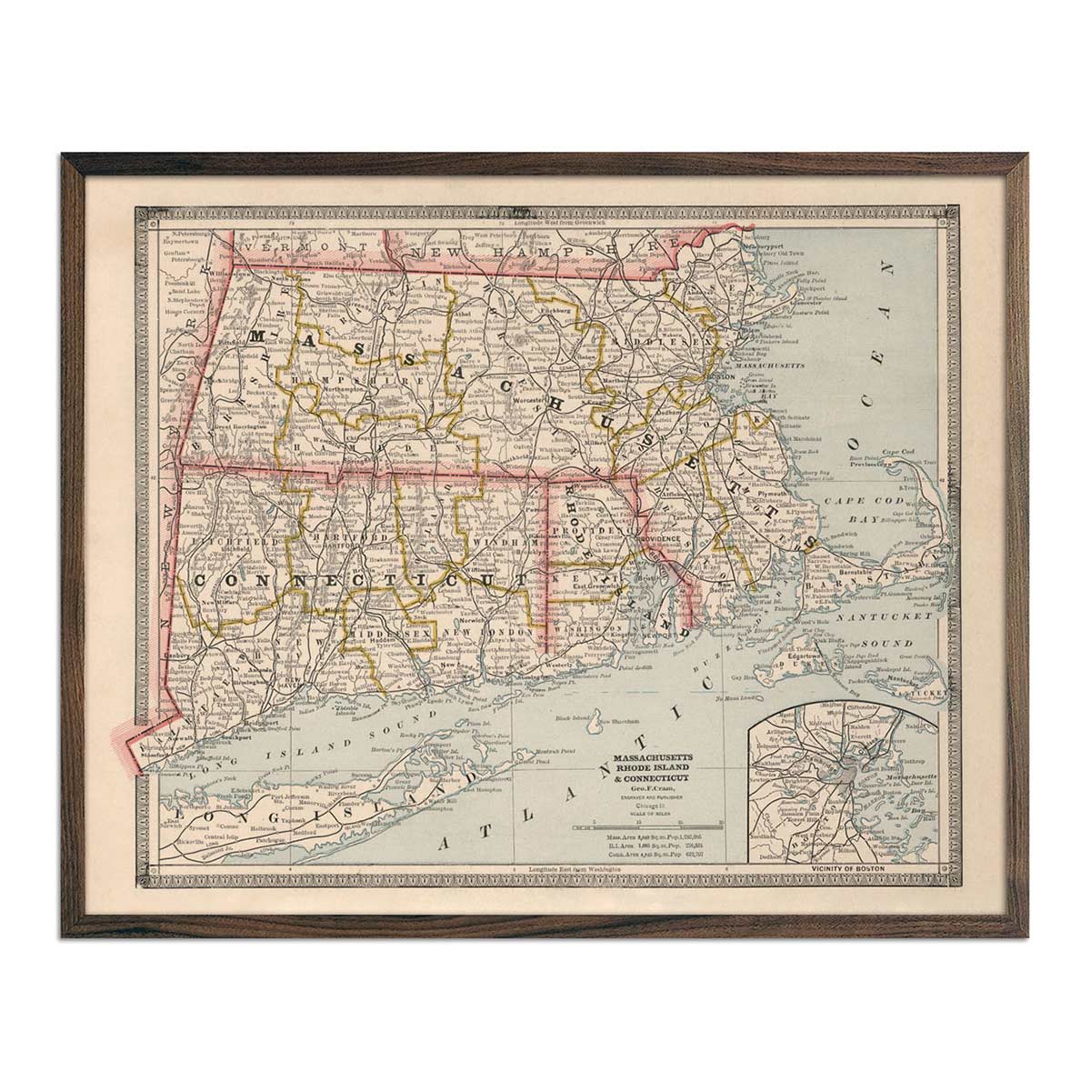 Vintage Map of Massachusetts, Rhode Island and Connecticut 1883