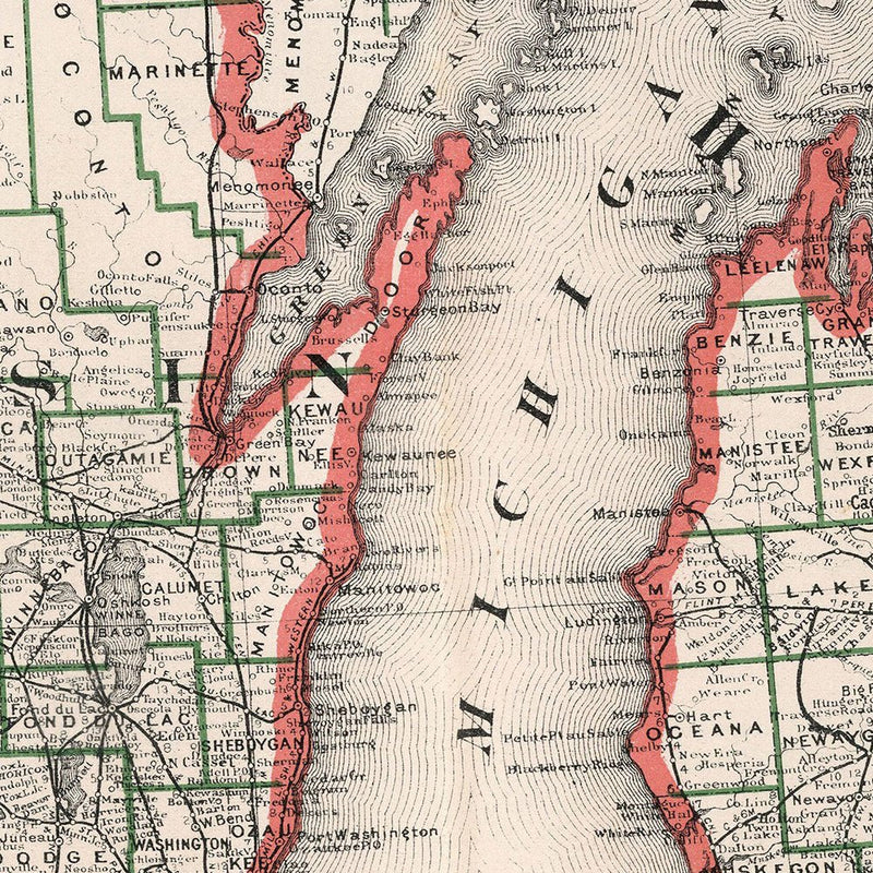Michigan and Wisconsin 1883 Map - Muir Way - Vintage Map
