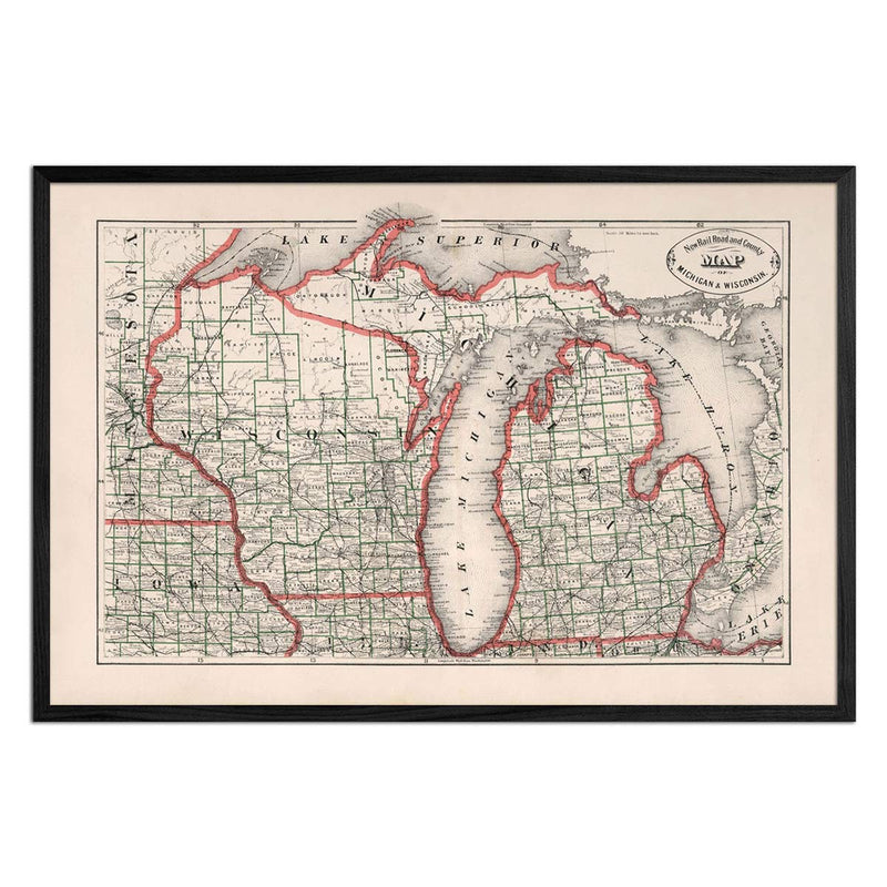 Vintage Map of Michigan and Wisconsin 1883