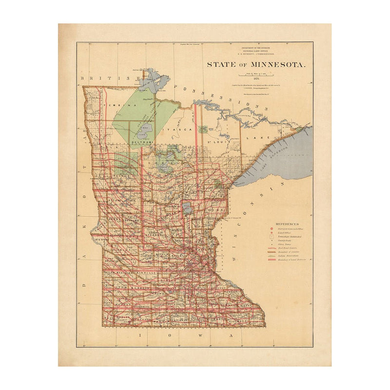 Minnesota State 1876 Map - Muir Way - Vintage Map