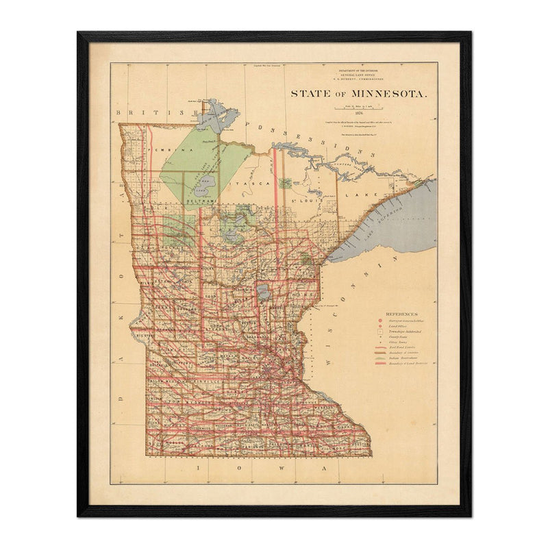 Minnesota State 1876 Map - Muir Way - Vintage Map