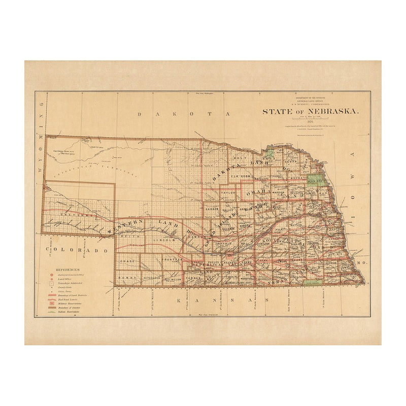 Nebraska State 1876 Map - Muir Way - Vintage Map