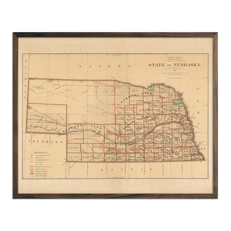 Nebraska State 1876 Map - Muir Way - Vintage Map
