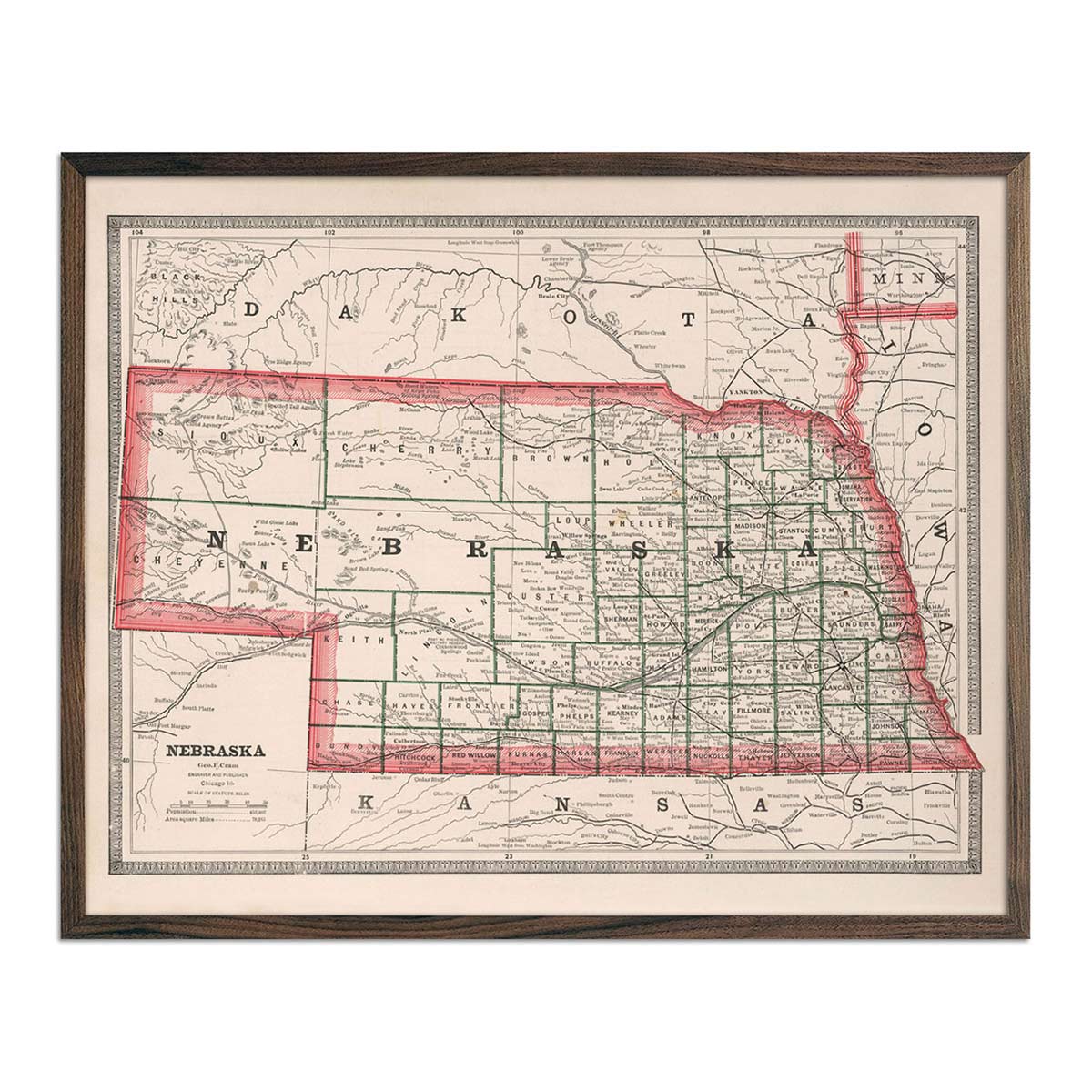 Vintage Map of Nebraska 1883