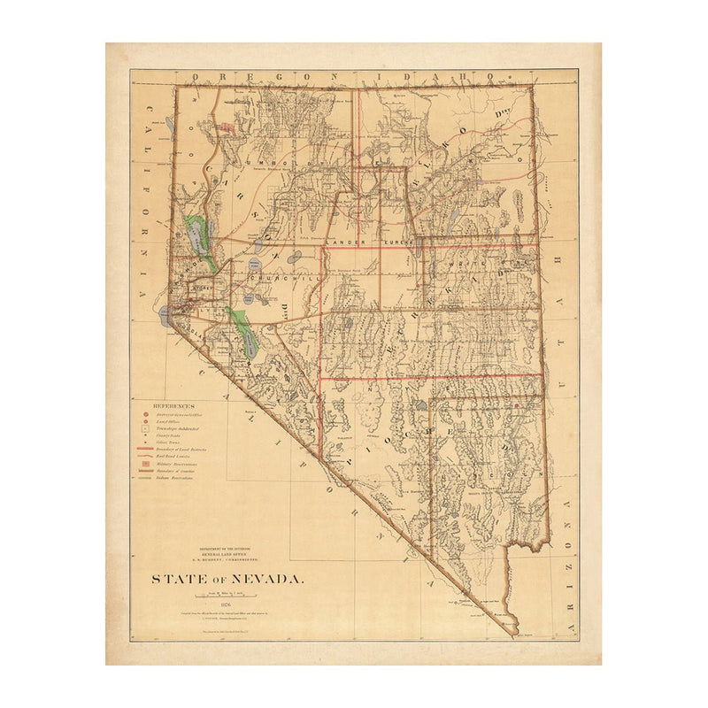 Nevada State 1876 Map - Muir Way - Vintage Map