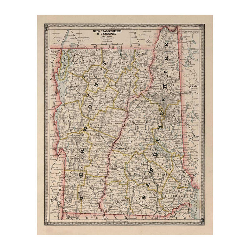 New Hampshire and Vermont 1883 Map - Muir Way - Vintage Map