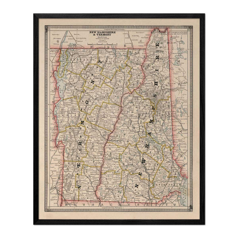 New Hampshire and Vermont 1883 Map - Muir Way - Vintage Map