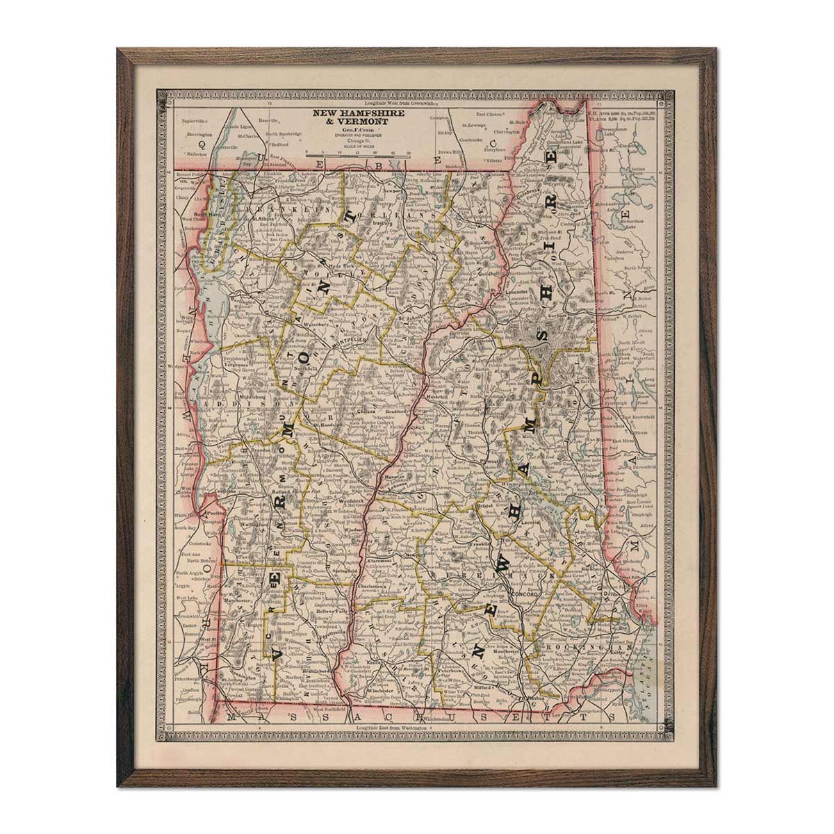 Vintage Map of New Hampshire and Vermont 1883