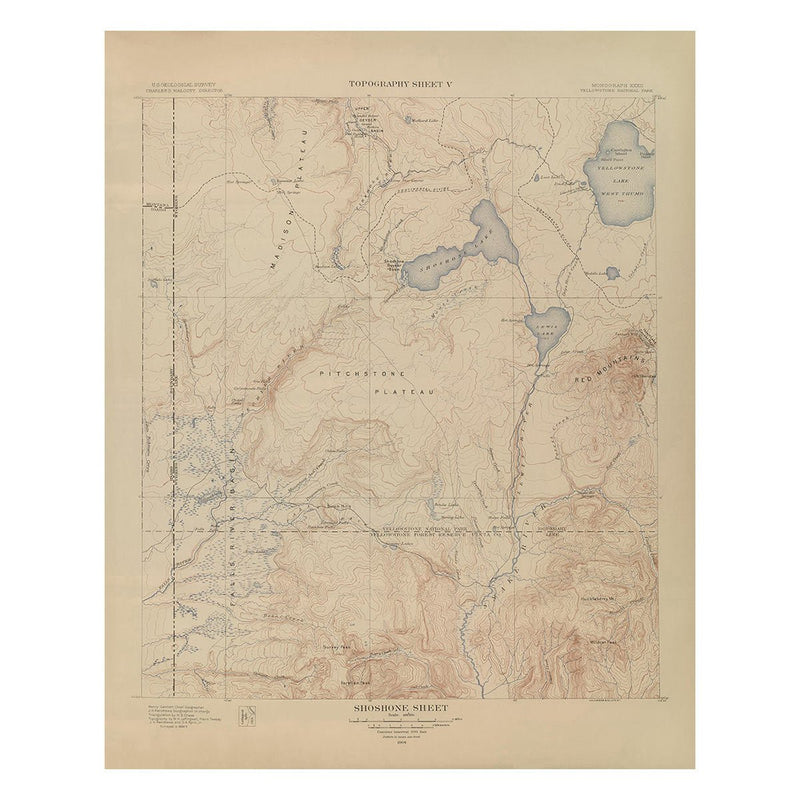 Yellowstone Topographic Map of Shoshone Section 1904 Map - Muir Way - Vintage Map